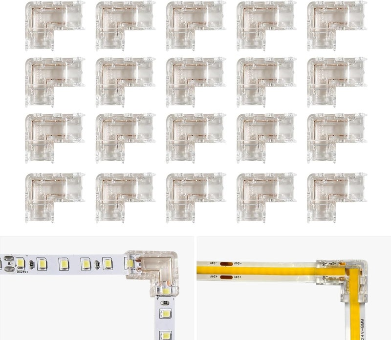 HEYAN 20 Pcs 2PIN L-Shape Solderless Transparent LED Strip Connector No Dark Area for COB/SMD Single Color LED Strips（2PIN -8mm） - Image 1